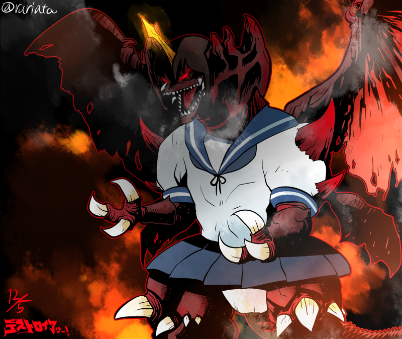 blue_sailor_collar blue_skirt dated destoroyah fire godzilla_(series) monster no_humans open_mouth pleated_skirt rariatto_(ganguri) red_eyes sailor_collar school_uniform serafuku shirt short_sleeves skirt spread_wings white_shirt wings