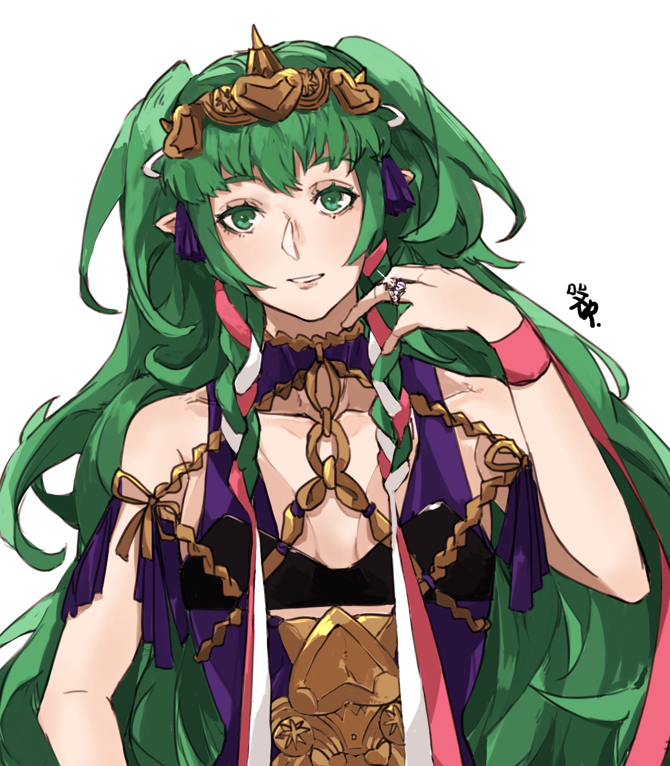 1girl braid breasts cleavage fire_emblem fire_emblem:_three_houses green_eyes green_hair hair_ornament highres jewelry long_hair medium_breasts parted_lips pointy_ears ribbon_braid ring sakuuremi simple_background solo sothis_(fire_emblem) tiara twin_braids upper_body white_background