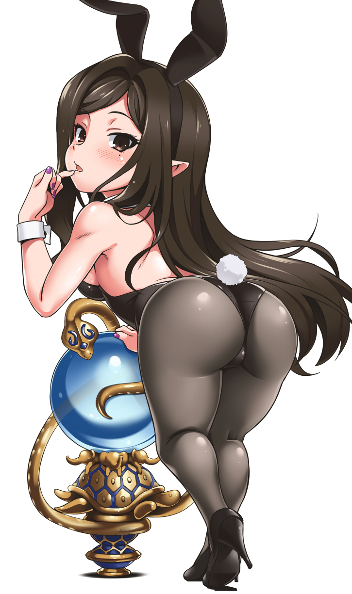1girl animal_ears arulumaya back bare_back black_leotard bunny_ears bunny_girl bunny_tail bunnysuit detached_collar fake_animal_ears fake_tail from_behind globe granblue_fantasy harvin highres leotard long_hair looking_at_viewer looking_back mole mole_under_eye pantyhose pointy_ears solo strapless strapless_leotard tail wrist_cuffs youkan