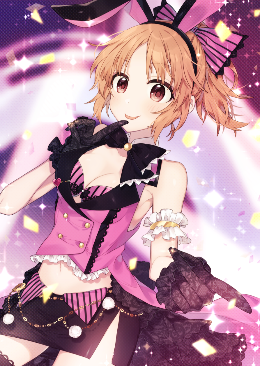 1girl abe_nana animal_ears bangs bare_shoulders black_bra black_gloves blush bow bra breasts brown_eyes brown_hair bunny_ears cleavage commentary_request eyebrows_visible_through_hair fake_animal_ears gloves hair_bow hair_ribbon highres idolmaster idolmaster_cinderella_girls long_hair looking_at_viewer medium_breasts minamiya_mia navel one_eye_closed open_mouth orange_hair pink_bow pink_bra pointing pointing_at_viewer ponytail ribbon short_hair smile solo thighhighs tongue tongue_out underwear