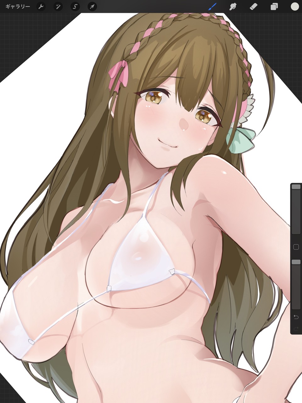 1girl ahoge armpits bangs bare_shoulders blush braid breasts brown_eyes brown_hair cleavage closed_mouth collarbone covered_nipples crown_braid hair_ribbon hands_on_hips head_tilt highres idolmaster idolmaster_shiny_colors kuwayama_chiyuki large_breasts long_hair looking_at_viewer misekai_555 navel pink_ribbon ribbon simple_background smile solo white_background white_bikini_top