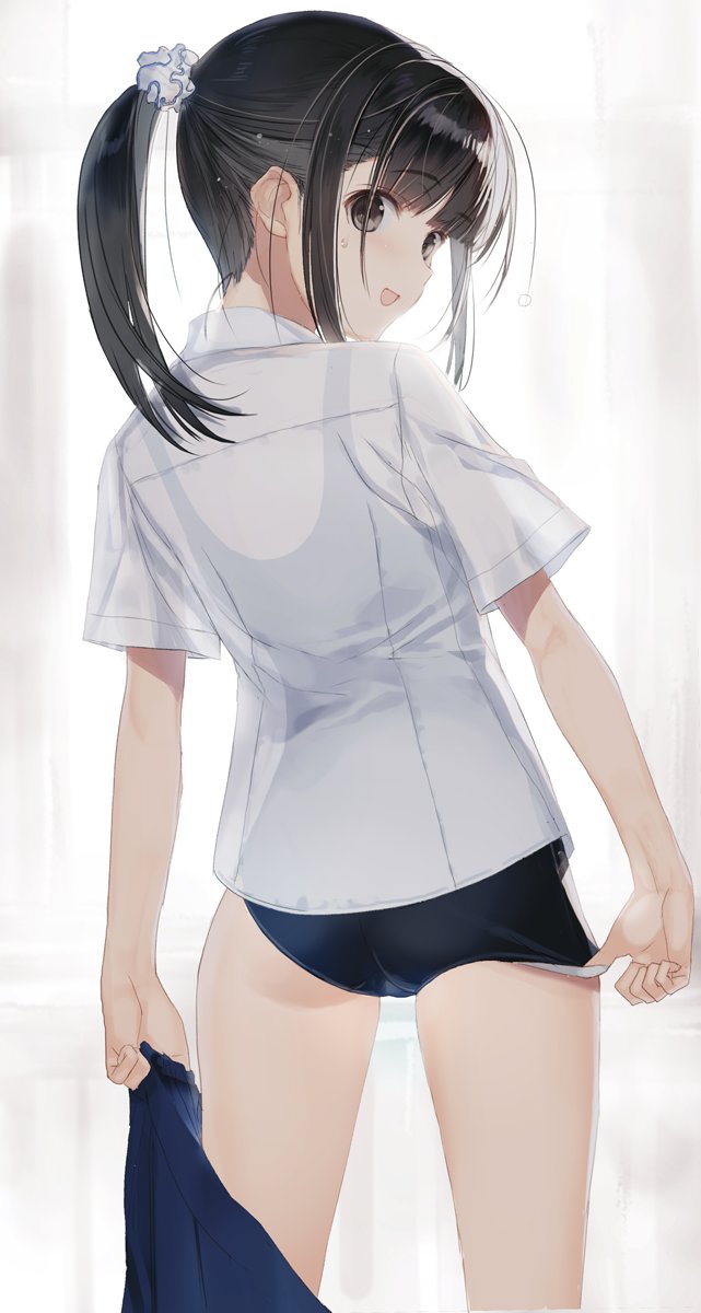 1girl adjusting_clothes ass bangs black_hair blue_skirt clothes_removed commentary_request eyebrows_visible_through_hair from_side grey_eyes hair_ornament hair_scrunchie highres holding indoors looking_at_viewer looking_back nakamura_takeshi one-piece_swimsuit open_mouth original school_swimsuit scrunchie see-through shiny shiny_hair shirt short_sleeves simple_background skirt smile solo swimsuit thighs tied_hair white_shirt