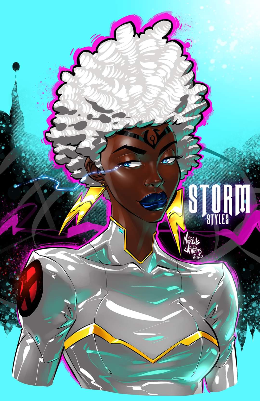 1girl afro alternate_hairstyle blue_eyes blue_lipstick bodysuit breasts circlet collarbone commentary dark_skin earrings electricity english_commentary highres jewelry lightning_bolt_earrings lips lipstick makeup marcus_williams medium_breasts nose shiny shiny_clothes solo storm_(x-men) thick_eyebrows upper_body very_dark_skin white_hair x-men