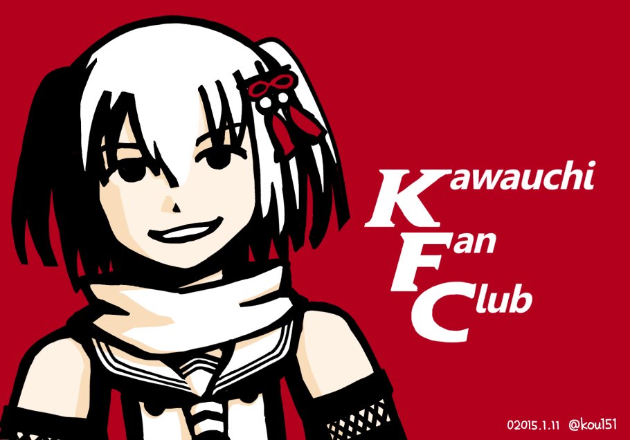 1girl black_hair hair_ornament kantai_collection kfc kou1 looking_at_viewer md5_mismatch parody scarf sendai_(kantai_collection) short_hair simple_background sleeveless smile twintails