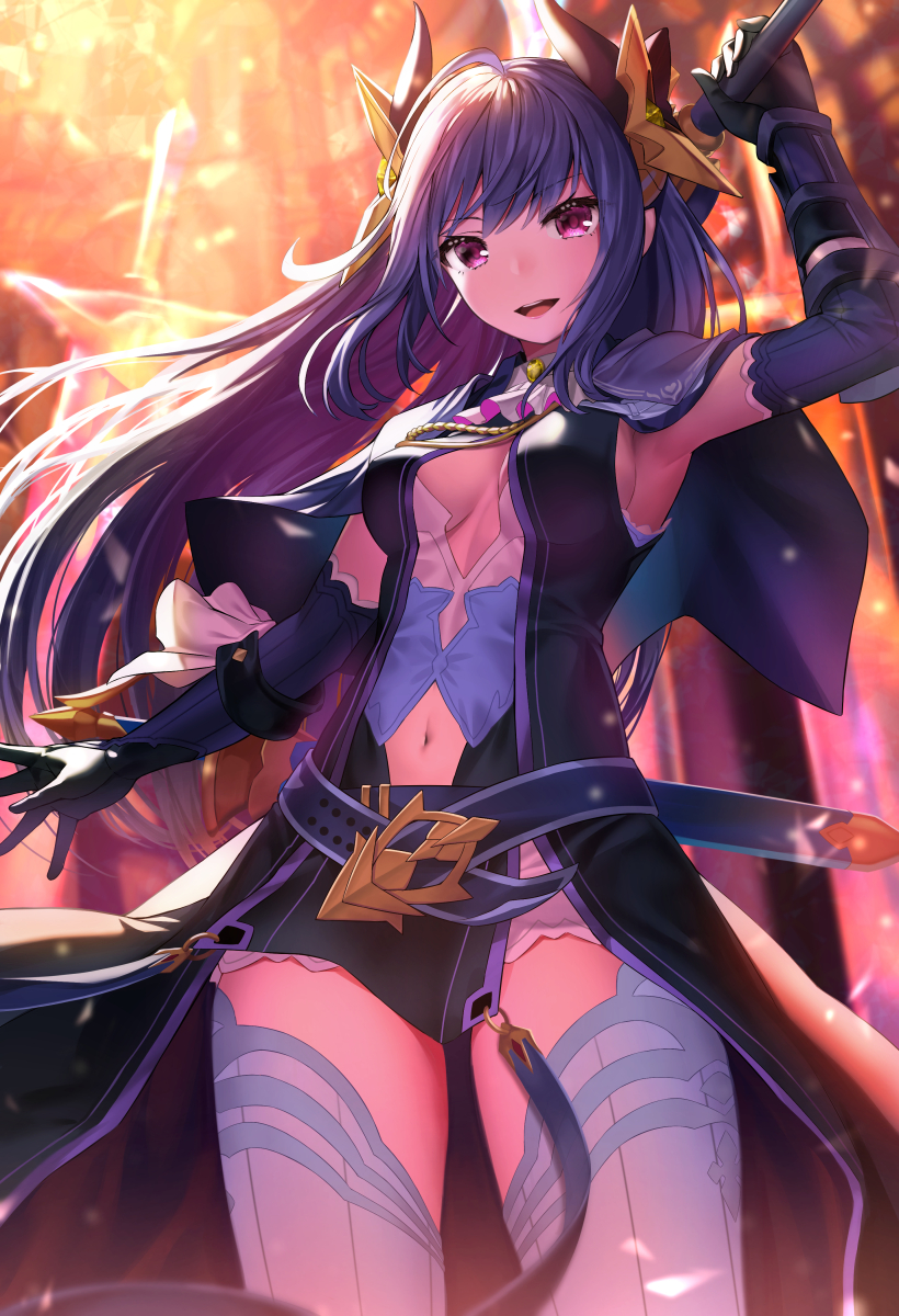 1girl :d ahoge armpits bangs blue_legwear blurry blurry_background breasts capelet center_opening cleavage coat commentary_request cowboy_shot curled_horns elbow_gloves eyebrows_visible_through_hair gauntlets gloves headpiece highres holding holding_sword holding_weapon horns light_rays long_hair looking_at_viewer medium_breasts mizya navel navel_cutout open_mouth princess_connect! princess_connect!_re:dive purple_belt purple_capelet purple_coat purple_eyes purple_gloves purple_hair purple_skirt sheath sheathed shijou_rei sideboob sidelocks skirt sleeveless_coat smile solo standing sunbeam sunlight sword thighhighs unsheathed upper_teeth vertical-striped_gloves weapon zettai_ryouiki