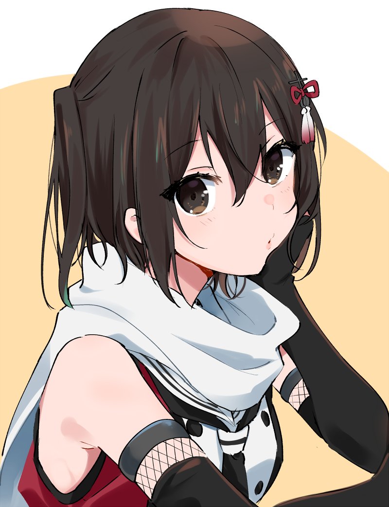 1girl bare_shoulders black_gloves black_neckwear blush brown_eyes brown_hair double-breasted gloves hair_ribbon hand_on_own_cheek ica kantai_collection looking_at_viewer neckerchief orange_background parted_lips red_ribbon ribbon scarf sendai_(kantai_collection) short_hair sleeveless solo tassel two-tone_background two_side_up white_scarf