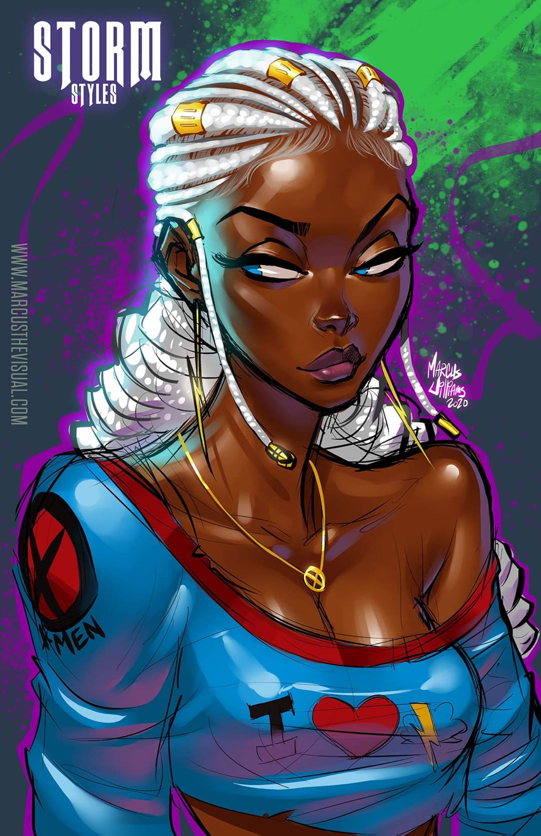 1girl alternate_hairstyle blue_eyes breasts cleavage commentary cornrows crop_top dark_skin english_commentary eyelashes forehead highres jewelry lips looking_to_the_side medium_breasts necklace no_bra nose off_shoulder pendant ringlets solo storm_(x-men) strap_slip thick_eyebrows very_dark_skin white_hair x-men