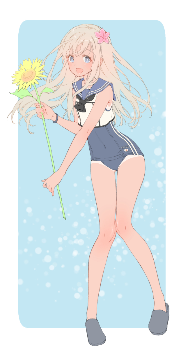1girl ass_visible_through_thighs bare_arms bare_legs bare_shoulders black_neckwear blonde_hair blue_eyes bracelet commentary_request crop_top flower full_body hair_flower hair_ornament highres holding jewelry kantai_collection nontraditional_school_swimsuit one-piece_swimsuit one-piece_tan ro-500_(kantai_collection) sailor_collar school_swimsuit school_uniform serafuku shiosoda slippers solo sunflower swimsuit tan tanline