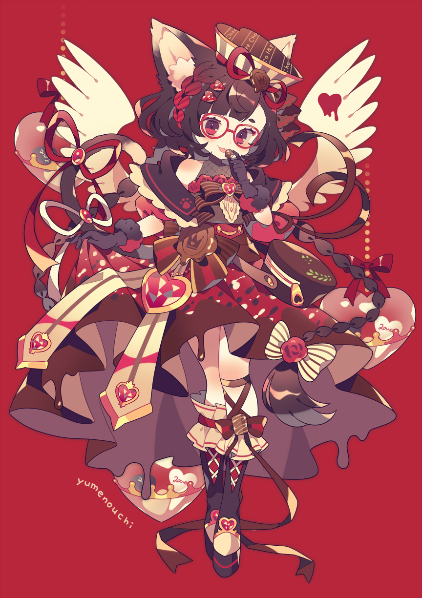 1girl animal_ears bangs bare_shoulders boots bow braid brown_hair brown_ribbon cat_ears cat_girl cat_tail chocolate commentary dress food food_themed_clothes full_body glasses gloves hair_bow hair_ornament hat heart heart_hair_ornament highres holding holding_food licking long_hair looking_at_viewer original red-framed_eyewear red_background red_eyes ribbon signature simple_background skirt_hold solo tail twin_braids valentine very_long_hair wings yumenouchi_chiharu