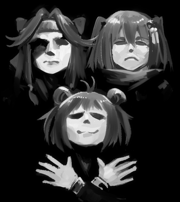 3girls antenna_hair bangs black_background black_hair bohemian_rhapsody double_bun forehead_protector greyscale hair_ornament headband jintsuu_(kantai_collection) kantai_collection kou1 monochrome multiple_girls naka_(kantai_collection) parody queen_(band) scarf sendai_(kantai_collection) two_side_up