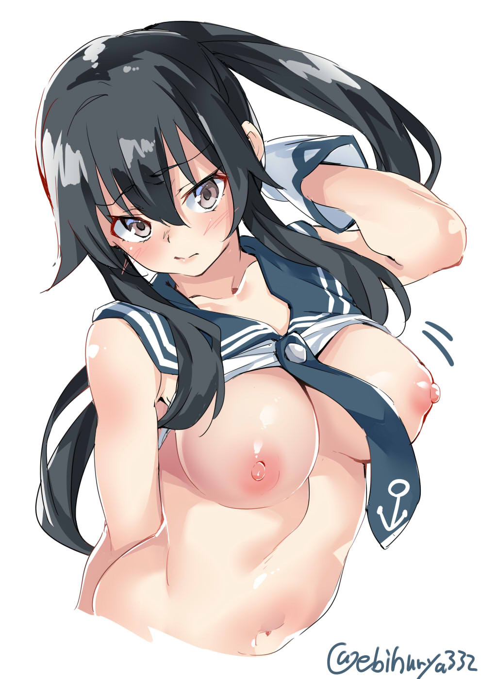 1girl anchor_symbol arched_back black_hair breasts brown_eyes commentary_request crop_top cropped_torso ebifurya eyebrows_visible_through_hair gloves hair_between_eyes hand_behind_head highres kantai_collection large_breasts lips long_hair looking_at_viewer navel nipples no_bra parted_lips ponytail sailor_collar school_uniform serafuku shirt shirt_lift sidelocks simple_background sleeveless sleeveless_shirt stomach twitter_username underboob white_background white_gloves yahagi_(kantai_collection)