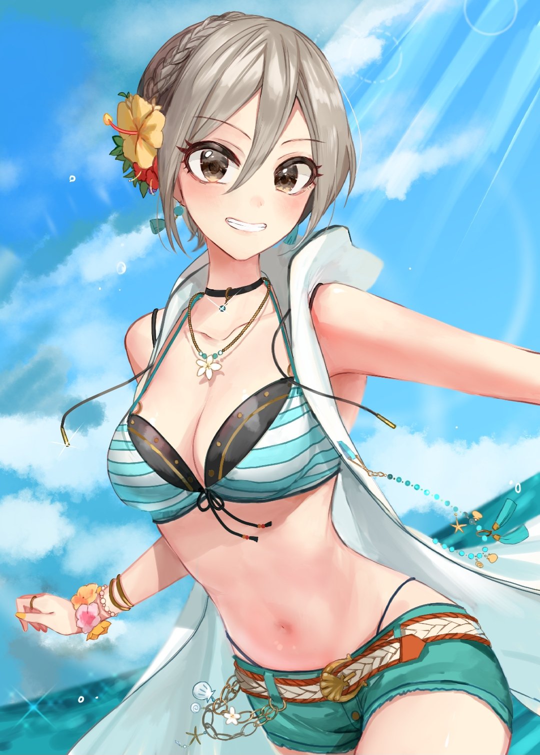 1girl :d =d bangs belt belt_buckle black_eyes blue_sky blush bracelet braid buckle chain choker cloud coat collarbone crown_braid denim denim_shorts eyebrows_visible_through_hair flower flower_bracelet flower_necklace front-tie_bikini_top grey_hair hair_between_eyes hair_flower hair_ornament highres idolmaster idolmaster_cinderella_girls jewelry layered_bikini looking_at_viewer navel necklace ocean open_mouth outdoors red_flower rum_raisin_(chihiromakita19) seashell shell shiomi_shuuko short_hair shorts sky sleeveless smile solo striped_bikini_top sunlight teeth white_coat yellow_flower