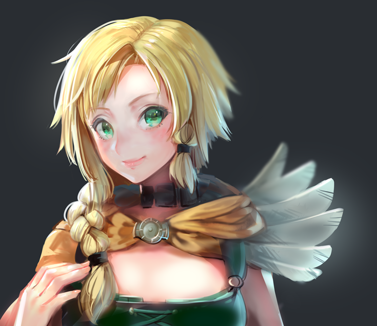 1girl bianca blonde_hair braid cape commentary_request dragon_quest dragon_quest_v dress green_dress green_eyes hair_over_shoulder long_hair looking_at_viewer single_braid smile solo starry_babe upper_body white_feathers