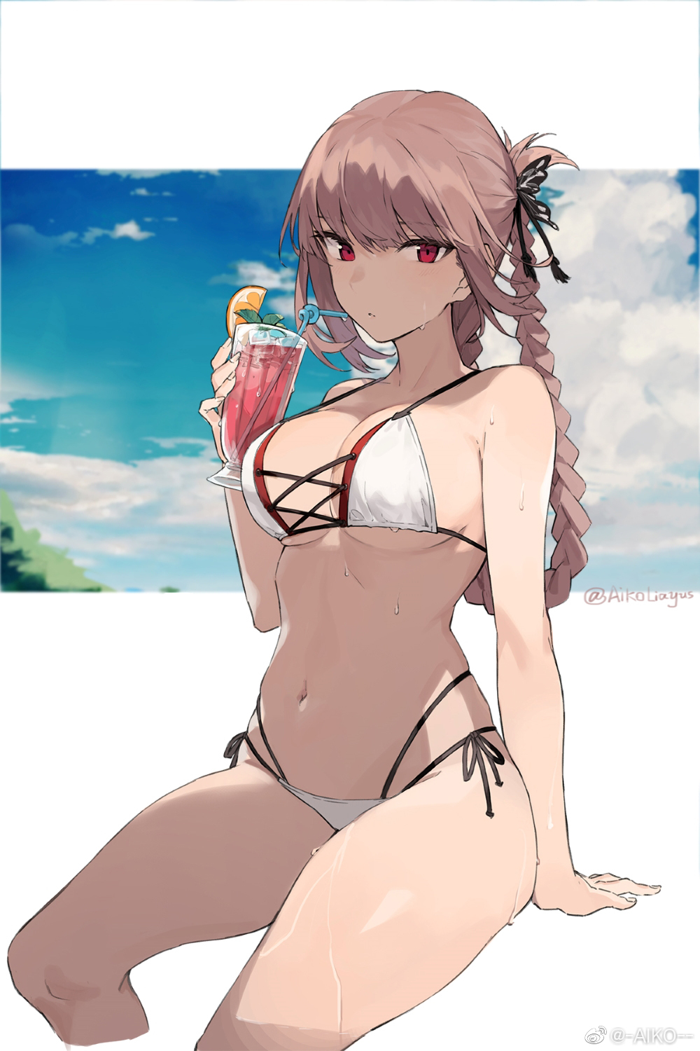 1girl aiko_(kanl) bare_arms bare_shoulders bikini braid breasts brown_hair cleavage cloud cropped_legs cup drinking_glass drinking_straw fate/grand_order fate_(series) florence_nightingale_(fate/grand_order) hair_rings highres holding large_breasts long_hair looking_at_viewer multi-strapped_bikini navel red_eyes side-tie_bikini sidelocks sitting skindentation solo stomach string_bikini swimsuit thighs tied_hair tropical_drink wet white_bikini