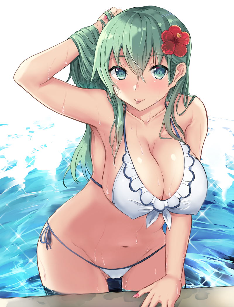 1girl aqua_hair bangs bikini blue_eyes blush breasts cleavage commentary covered_nipples eyebrows_visible_through_hair flower gin'ichi_(akacia) hair_between_eyes hair_flower hair_ornament hand_in_hair hibiscus kantai_collection large_breasts long_hair looking_at_viewer nail_polish navel red_flower side-tie_bikini simple_background solo sparkle string_bikini suzuya_(kantai_collection) swimsuit tongue tongue_out water wet white_background white_bikini