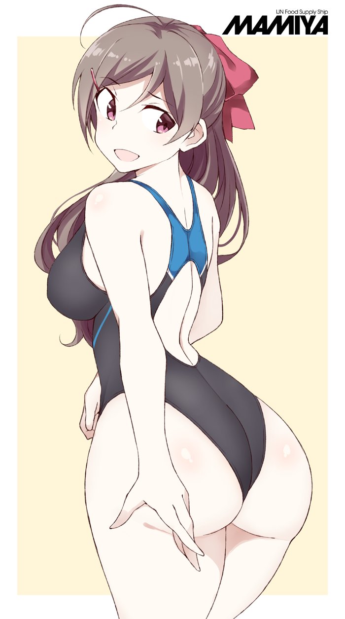 1girl :d ahoge ass back black_swimsuit breasts brown_eyes brown_hair character_name commentary_request cowboy_shot eyebrows_visible_through_hair hair_ornament hair_ribbon hairclip highres kantai_collection large_breasts long_hair mamiya_(kantai_collection) open_mouth red_ribbon ribbon sideboob smile solo souji swimsuit