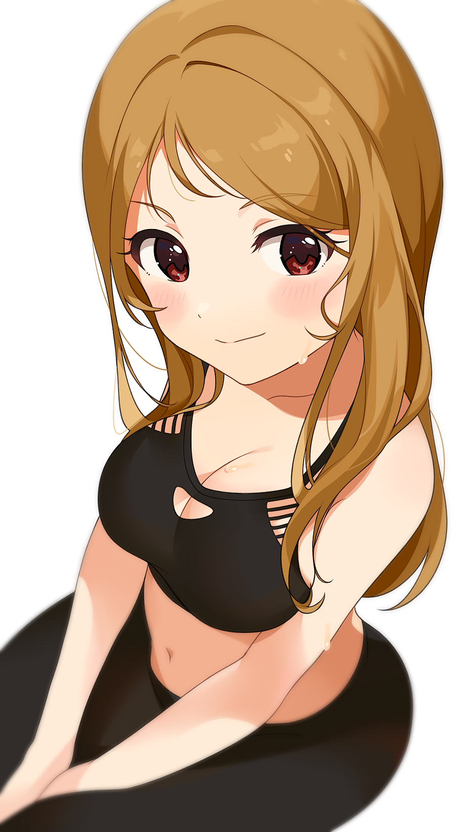 1girl bangs bare_arms bare_shoulders between_legs black_pants blush breasts brown_hair cleavage closed_mouth collarbone eyebrows_visible_through_hair hand_between_legs highres idolmaster idolmaster_million_live! large_breasts long_hair looking_at_viewer momose_rio naijow navel pants parted_bangs red_eyes simple_background sitting smile solo sports_bra sweat white_background yoga_pants