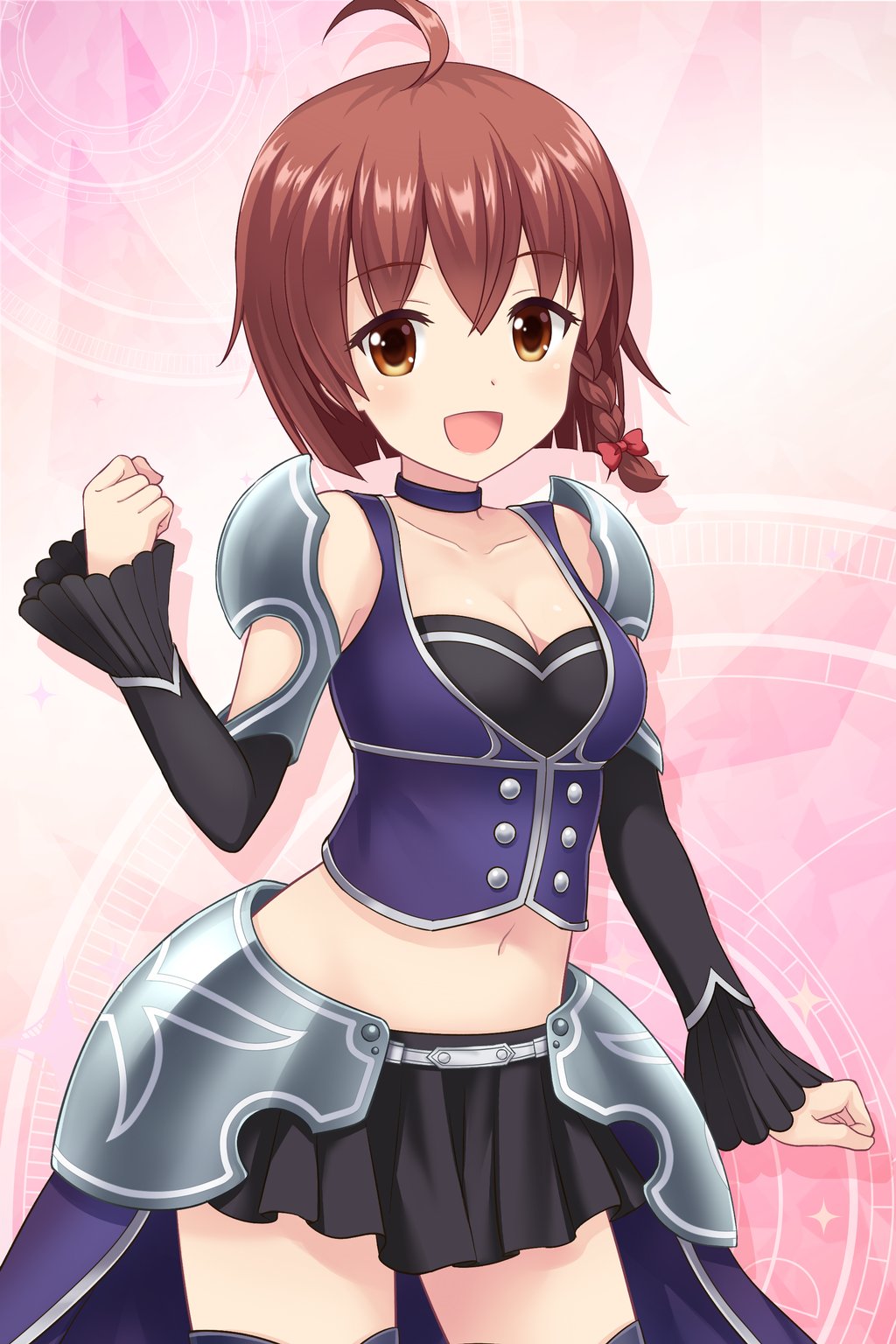 1girl alternative_girls armor brown_eyes brown_hair choker eyebrows_visible_through_hair highres official_art pink_background short_hair skirt sleeves smile yuuki_miyaka