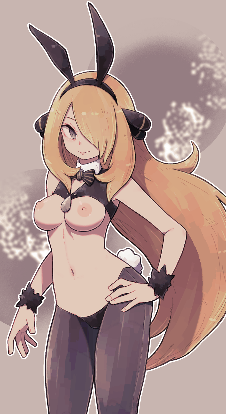 1girl animal_ears areolae bangs bare_shoulders black_legwear black_panties black_vest blonde_hair bow bowtie breastless_clothes breasts bunny_ears bunny_tail closed_mouth collarbone commentary crop_top detached_collar fake_animal_ears fake_tail grey_background grey_eyes hair_ornament hair_over_one_eye hairband hand_on_hip happy highres inverted_costume lamb-oic029 large_breasts long_hair navel nipples outline panties pokemon pokemon_(game) pokemon_dppt reverse_bunnysuit shiny shiny_hair shiny_skin shirona_(pokemon) simple_background smile solo standing stomach striped striped_neckwear tail underwear very_long_hair vest white_outline wristband