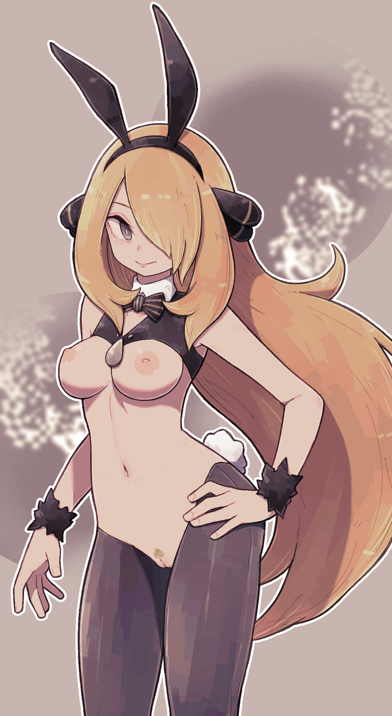 1girl animal_ears areolae bangs bare_shoulders black_legwear black_vest blonde_hair bow bowtie breastless_clothes breasts bunny_ears bunny_tail closed_mouth collarbone commentary crop_top detached_collar fake_animal_ears fake_tail grey_background grey_eyes hair_ornament hair_over_one_eye hairband hand_on_hip happy highres inverted_costume lamb-oic029 large_breasts long_hair navel nipples outline pokemon pokemon_(game) pokemon_dppt pubic_hair pussy reverse_bunnysuit shiny shiny_hair shiny_skin shirona_(pokemon) simple_background smile solo standing stomach striped striped_neckwear tail uncensored very_long_hair vest white_outline wristband