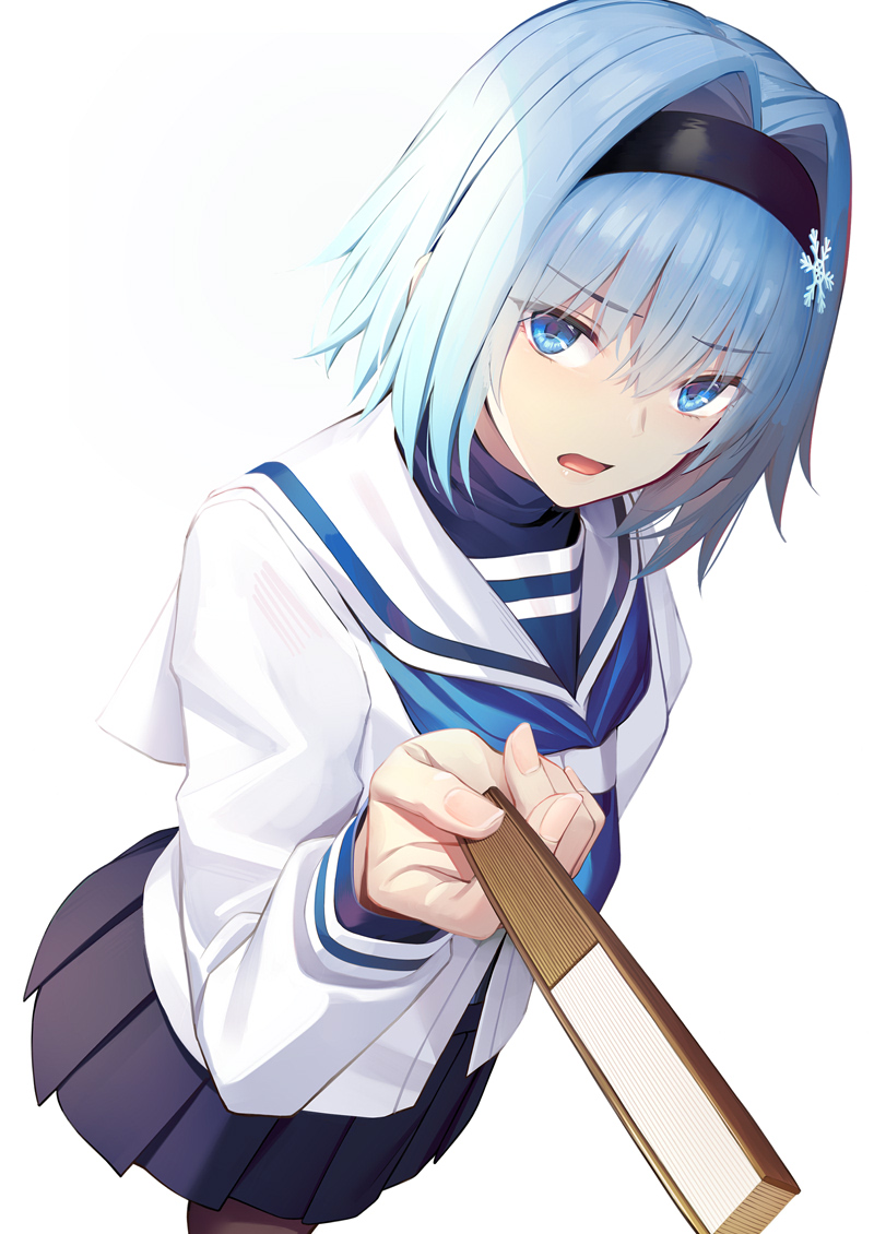 1girl bangs black_hairband black_skirt blue_eyes blue_neckwear breasts closed_fan fan folding_fan hair_between_eyes hair_intakes hair_ornament hairband holding holding_fan long_sleeves looking_at_viewer open_mouth ryuuou_no_oshigoto! sailor_collar shirt short_hair silver_hair simple_background skirt small_breasts snowflake_hair_ornament solo sora_ginko umihotaru_harumare white_background white_sailor_collar white_shirt