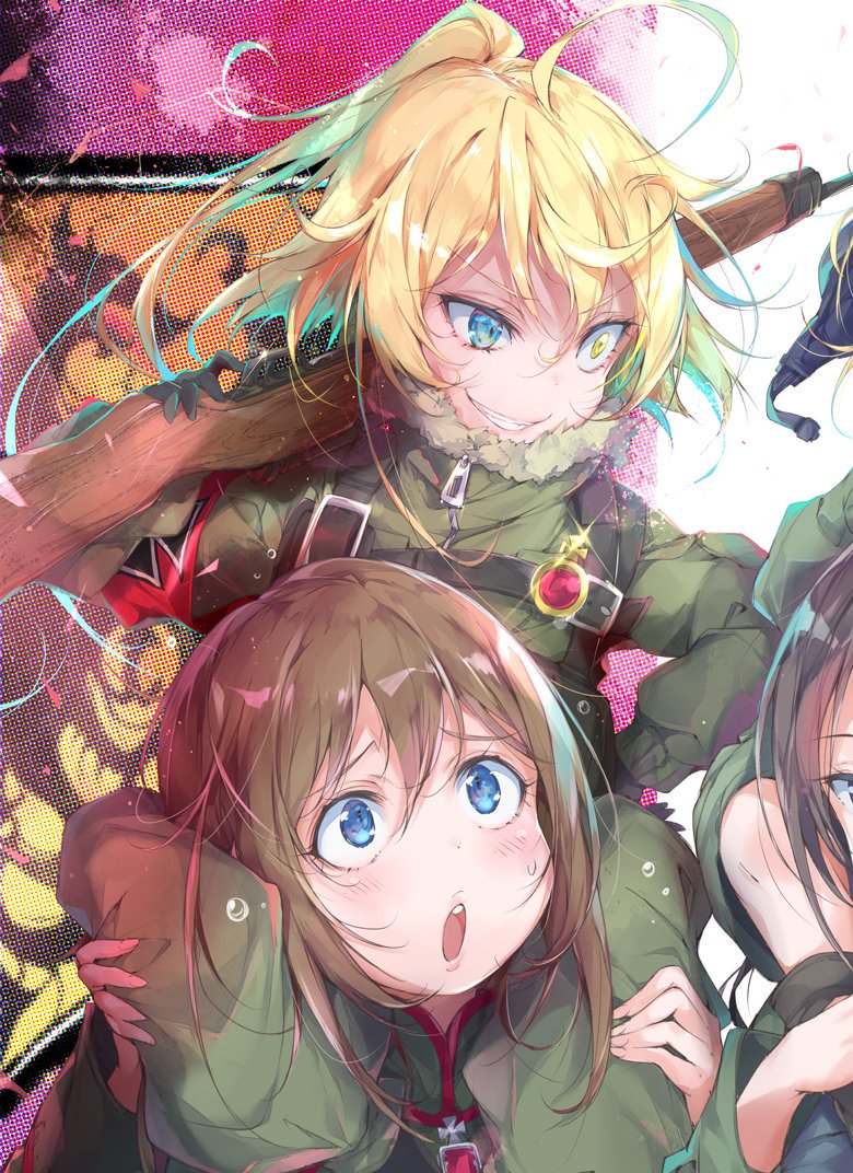 4girls armband bangs black_footwear black_hair black_headwear blonde_hair blue_eyes boots brown_hair carrying crazy_eyes crazy_grin crossover droplet girls_und_panzer green_jumpsuit grin gun heterochromia holding holding_gun holding_weapon jewelry jumpsuit katyusha_(girls_und_panzer) long_sleeves looking_at_another messy_hair multiple_girls nonna_(girls_und_panzer) open_mouth over_shoulder pendant pulp_piroshi rifle short_jumpsuit short_ponytail shoulder_carry side-by-side smile sweatdrop tank_helmet tanya_degurechaff tied_hair viktoriya_ivanovna_serebryakov weapon weapon_over_shoulder youjo_senki zipper