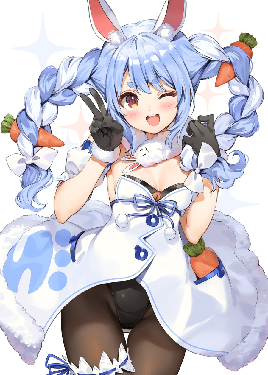 1girl animal_ears banned_artist black_gloves black_legwear blue_hair blush bow braid breasts bunny_ears carrot cleavage eyebrows_visible_through_hair gloves hair_bow highres hololive long_hair one_eye_closed open_mouth pantyhose paseri red_eyes small_breasts smile solo thick_eyebrows twin_braids usada_pekora v white_bow