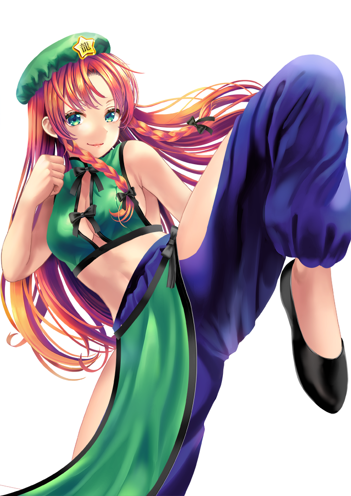 1girl alternate_costume bangs bare_arms bare_shoulders beret black_bow black_footwear blue_pants bow braid breasts clenched_hand commentary_request cowboy_shot crop_top fighting_stance flats green_eyes green_headwear green_shirt hair_bow hand_up hat hip_vent hong_meiling leg_up long_hair looking_at_viewer medium_breasts midriff pants pelvic_curtain red_hair shirt simple_background sleeveless sleeveless_shirt smile solo standing standing_on_one_leg star touhou twin_braids uemura_shun very_long_hair white_background