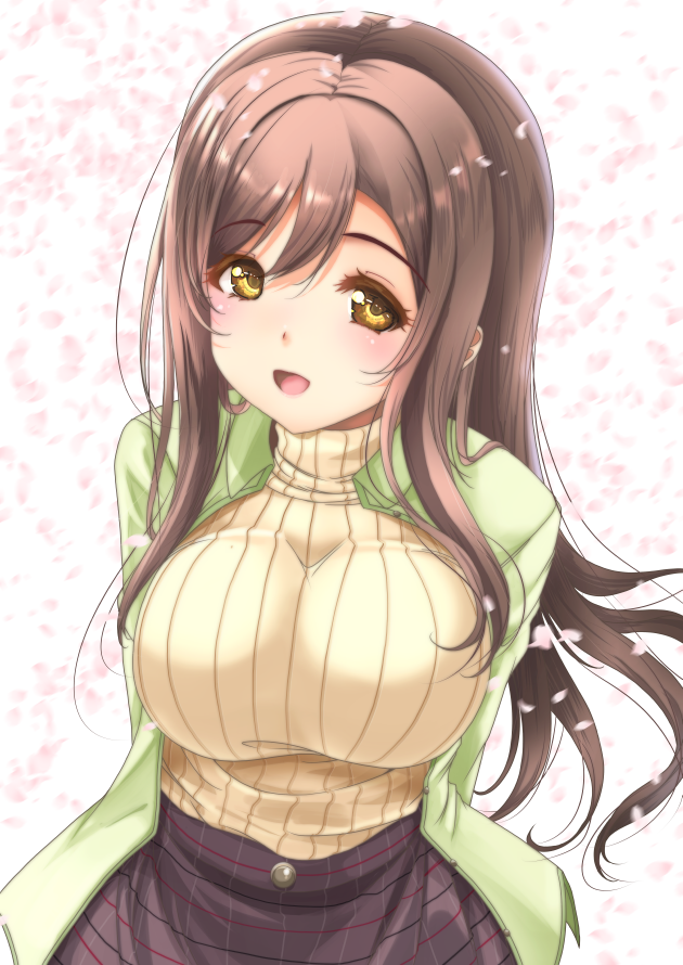 1girl :d =d arms_behind_back bangs blush breasts brown_hair cherry_blossoms floral_background frapowa green_jacket hair_between_eyes jacket kunikida_hanamaru large_breasts long_hair looking_at_viewer love_live! love_live!_sunshine!! open_clothes open_jacket open_mouth petals plaid plaid_skirt purple_skirt ribbed_shirt shirt sidelocks skirt smile solo turtleneck upper_body yellow_eyes yellow_shirt