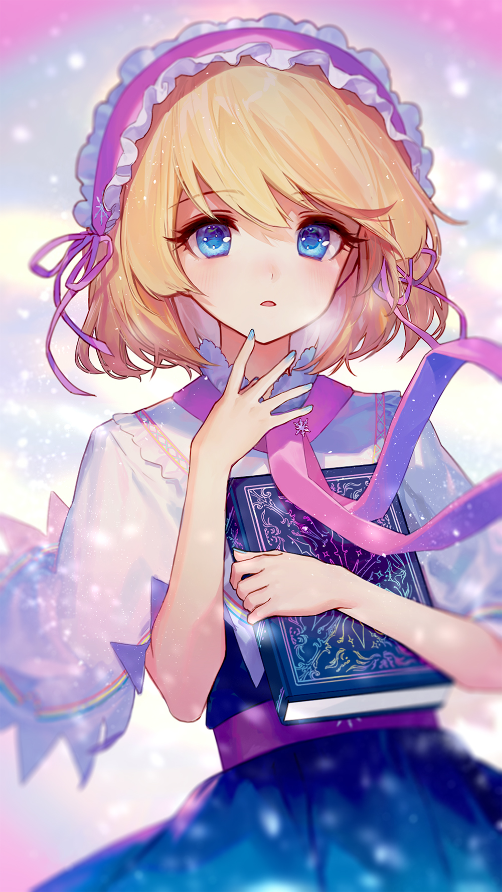 1girl ainy77 alice_margatroid bangs blonde_hair blue_dress blue_eyes blue_nails blurry book capelet commentary depth_of_field dress eyebrows_visible_through_hair grimoire_of_alice hair_ribbon hairband hand_on_own_chin hand_up highres holding holding_book light_particles lolita_hairband looking_at_viewer nail_polish open_mouth parted_lips pink_hairband pink_ribbon red_neckwear revision ribbon sash shirt short_hair snowflake_pin snowflake_print snowing solo touhou upper_body white_capelet white_shirt