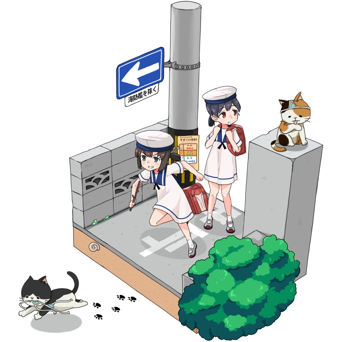 2girls 2others alakoala backpack bag black_hair blue_sailor_collar bob_cut brown_eyes bush cat clothes_theft daitou_(kantai_collection) dress hat hiburi_(kantai_collection) high_ponytail highres isometric kantai_collection low_ponytail multiple_girls multiple_others paw_print pole randoseru road running sailor_collar sailor_dress sailor_hat shoes short_hair short_sleeves sidelocks sign simple_background standing street swimsuit_theft theft uwabaki wall white_background white_dress white_headwear white_legwear