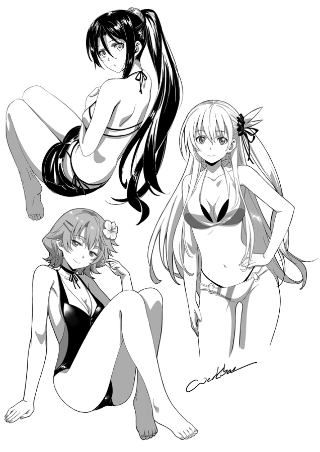 3girls alisa_reinford armpit_peek artist_name back bare_legs barefoot bikini breasts choker cleavage contrapposto cowboy_shot eiyuu_densetsu eyebrows_visible_through_hair feathers flower full_body greyscale hair_between_eyes hair_feathers hair_flower hair_ornament hairclip hand_in_hair hand_on_hip knees_together_feet_apart laura_s._arzeid long_hair looking_at_viewer looking_back medium_breasts monochrome multiple_girls musse_egret navel o-ring o-ring_bikini one-piece_swimsuit ponytail scrunchie sen_no_kiseki sen_no_kiseki_3 short_hair short_shorts shorts side-tie_bikini side_ponytail sideboob signature simple_background sitting smile standing swimsuit werkbau white_background