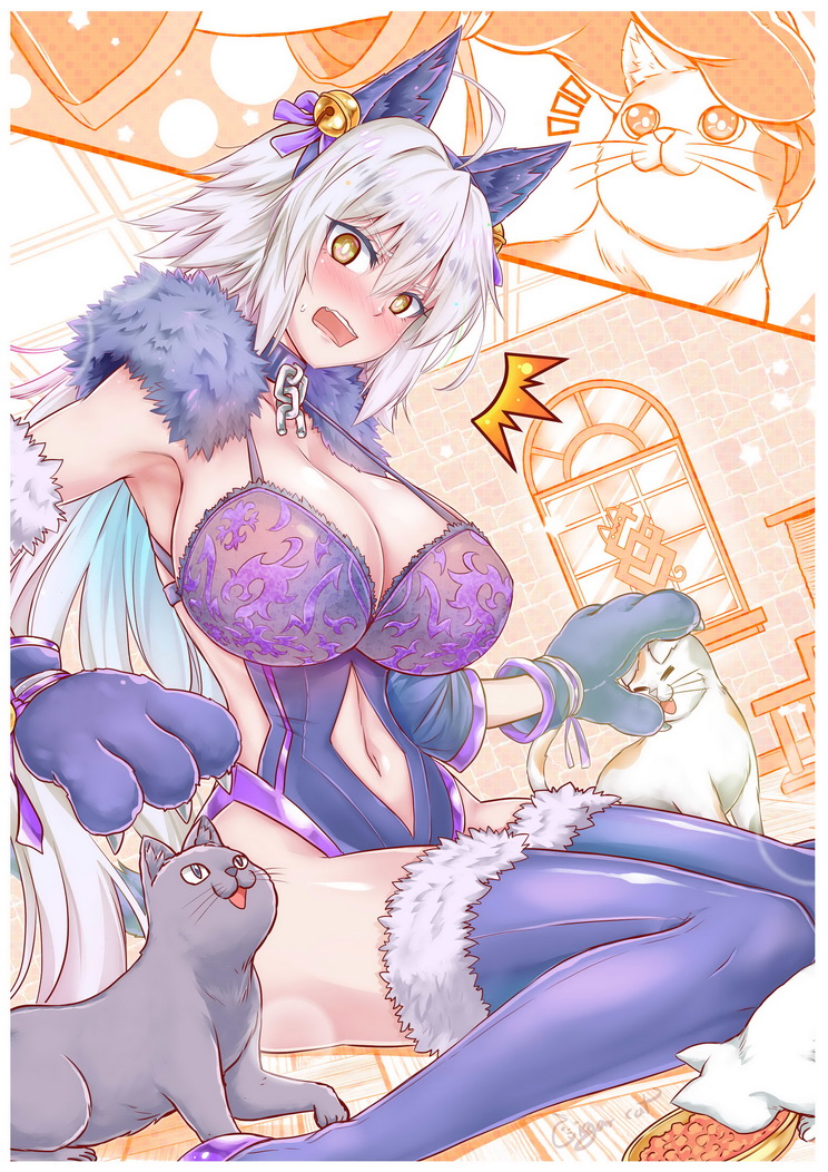1girl ahoge animal_ears bangs bare_shoulders bell blush bow breasts cat cat_ears cat_tail chain cigar_cat cleavage collar detached_collar fate/grand_order fate_(series) fur_collar fur_trim gloves hair_between_eyes hair_bow highleg highleg_leotard jeanne_d'arc_(alter)_(fate) jeanne_d'arc_(fate)_(all) jingle_bell large_breasts leotard long_hair navel navel_cutout open_mouth paw_gloves paws petting purple_bow purple_legwear purple_leotard silver_hair sitting solo tail thighhighs thighs very_long_hair wariza yellow_eyes