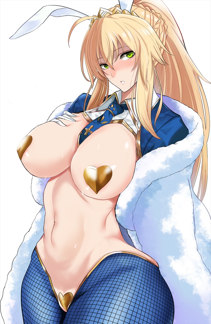 1girl ahoge animal_ears artoria_pendragon_(all) artoria_pendragon_(swimsuit_ruler)_(fate) bangs blonde_hair blue_jacket blue_legwear blue_neckwear blush braid breasts bunny_ears cropped_jacket fate/grand_order fate_(series) feather_boa fishnet_legwear fishnets french_braid gloves green_eyes hair_between_eyes hand_on_own_chest heart_pasties highres jacket kawabata_yoshiro large_breasts long_hair long_sleeves looking_at_viewer maebari navel necktie open_mouth pasties ponytail revealing_clothes reverse_bunnysuit reverse_outfit shrug_(clothing) sidelocks simple_background solo swept_bangs white_background white_gloves wing_collar