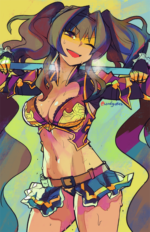 1girl ;d bangs belt breasts brown_eyes brown_hair cleavage eric_muentes eyebrows_visible_through_hair gauntlets granblue_fantasy long_hair looking_at_viewer navel one_eye_closed open_mouth over_shoulder skirt smile solo sweat twintails very_long_hair weapon weapon_over_shoulder zeta_(granblue_fantasy)