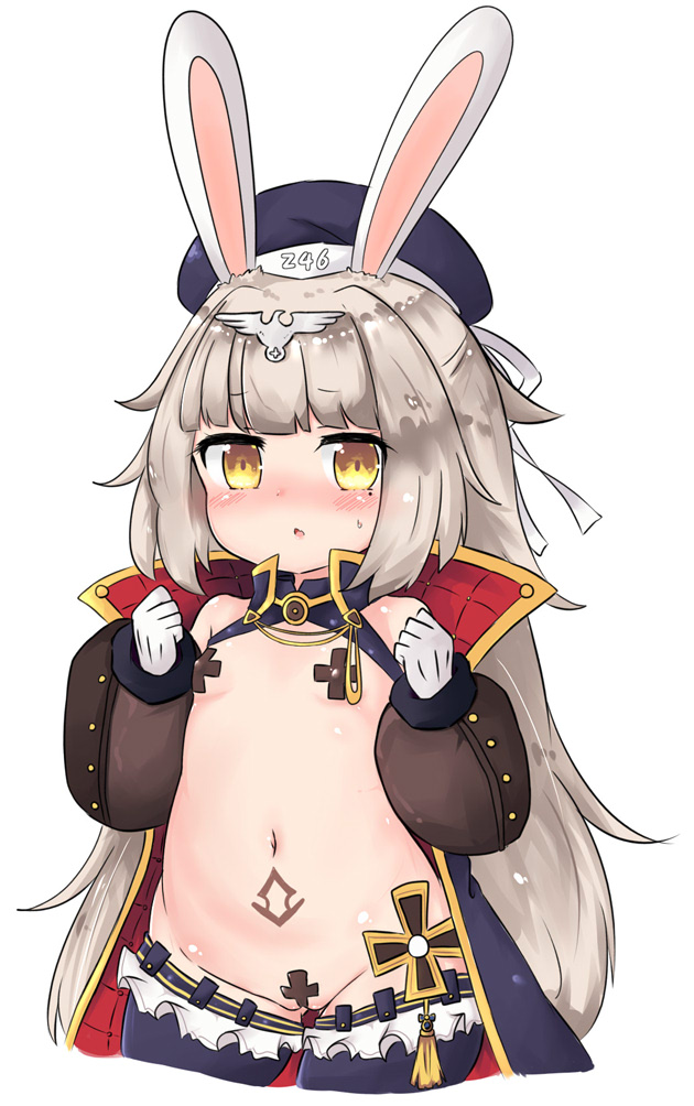 1girl animal_ears azur_lane bailingxiao_jiu bangs beret black_headwear blue_legwear blush breasts brown_eyes brown_sleeves bunny_ears character_name chestnut_mouth clenched_hands cowboy_shot cropped_legs detached_sleeves eyebrows_visible_through_hair gloves grey_hair hands_up hat headpiece iron_cross long_hair long_sleeves maebari navel nose_blush parted_lips pasties puffy_long_sleeves puffy_sleeves reverse_bunnysuit reverse_outfit ribbon simple_background sleeves_past_wrists small_breasts solo sweat very_long_hair white_background white_gloves white_ribbon z46_(azur_lane)