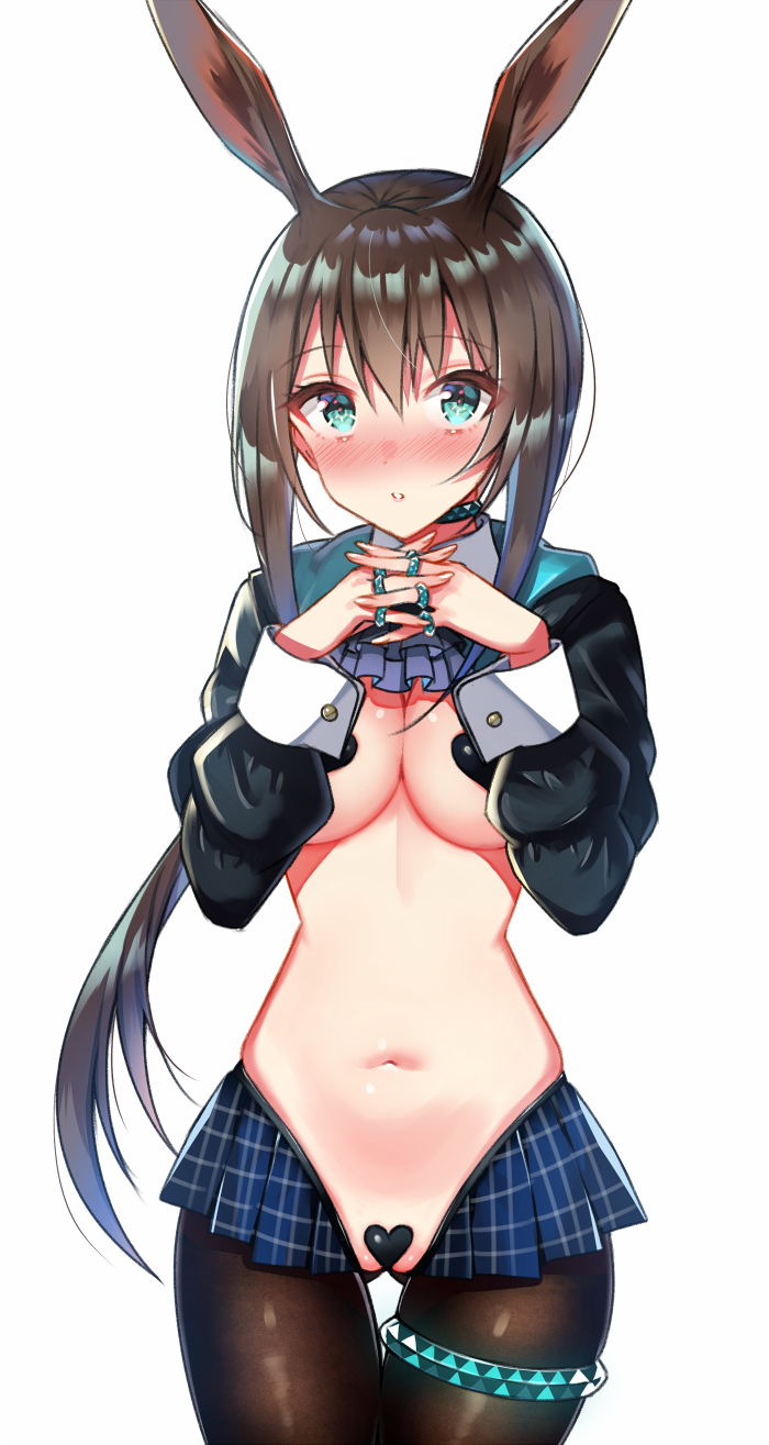 1girl amiya_(arknights) animal_ears arknights ascot ass_visible_through_thighs blue_skirt blush breasts brown_hair brown_legwear bunny_ears commentary_request cowboy_shot hands_up heart_pasties highres interlocked_fingers jewelry long_hair long_sleeves maebari medium_breasts minatoasu navel nose_blush parted_lips pasties plaid plaid_skirt pleated_skirt ponytail puffy_long_sleeves puffy_sleeves purple_neckwear reverse_bunnysuit reverse_outfit ring simple_background skirt solo thigh_gap very_long_hair white_background