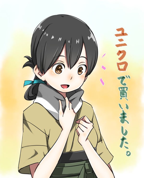 1girl black_hair brown_eyes commentary_request folded_ponytail green_hakama green_kimono hakama japanese_clothes kantai_collection kasuga_maru_(kantai_collection) kimono looking_down open_mouth scarf smile solo taiyou_(kantai_collection) translation_request white_scarf yohei_(pizzadev)