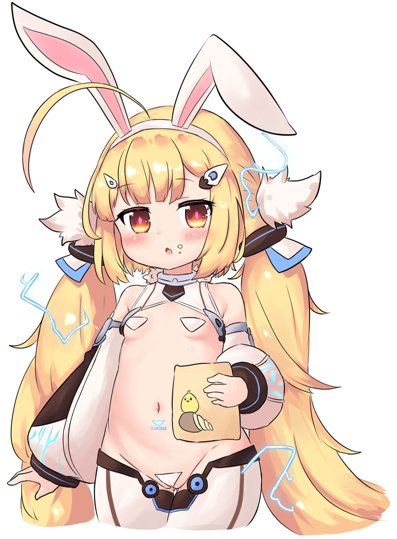 1girl animal_ears azur_lane bailingxiao_jiu bangs bare_shoulders blonde_hair blush breasts brown_eyes bunny_ears cowboy_shot cropped_legs detached_sleeves eldridge_(azur_lane) electricity eyebrows_visible_through_hair fake_animal_ears food food_on_face groin hair_ornament hairband hairclip holding long_hair long_sleeves maebari navel parted_lips pasties puffy_long_sleeves puffy_sleeves reverse_bunnysuit reverse_outfit simple_background sleeves_past_wrists small_breasts solo twintails very_long_hair white_background white_hairband white_legwear white_sleeves