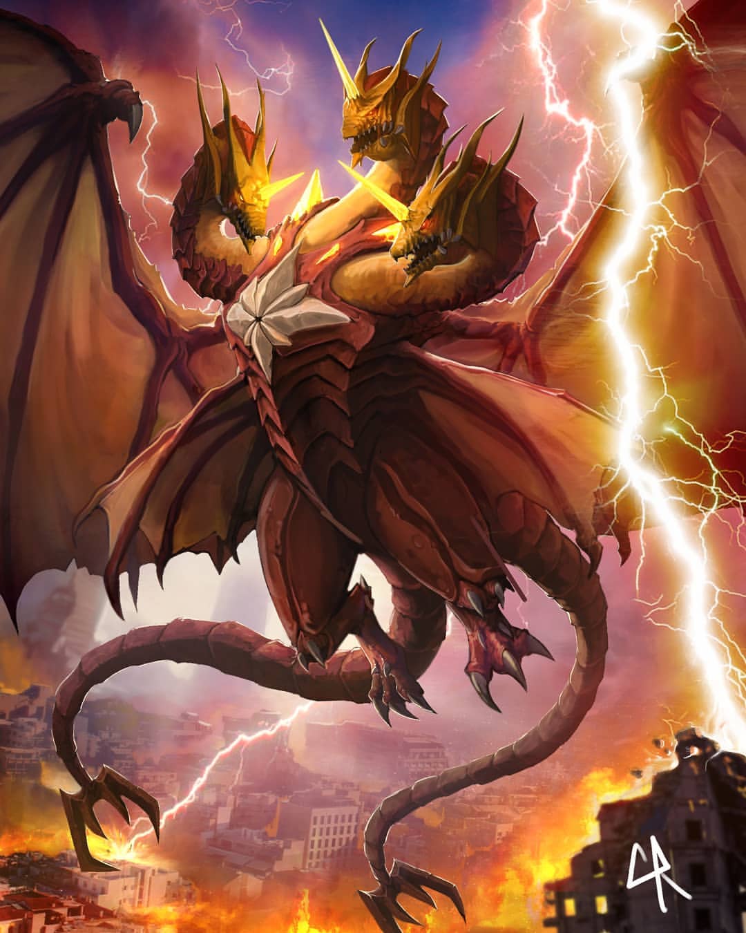 bat_wings chipyray city claws creature destoroyah destruction dragon dragon_horns dragon_wings electricity fangs fusion giant_monster glowing glowing_eyes godzilla:_king_of_the_monsters godzilla_(2014) godzilla_(series) gold_skin head_wings highres horn horns kaijuu king_ghidorah king_ghidorah_(godzilla:_king_of_the_monsters) large_wings lightning mini_wings monster multiple_heads multiple_tails multiple_wings no_humans open_mouth red_eyes scales sharp_teeth sky spikes tail teeth tokusatsu wings