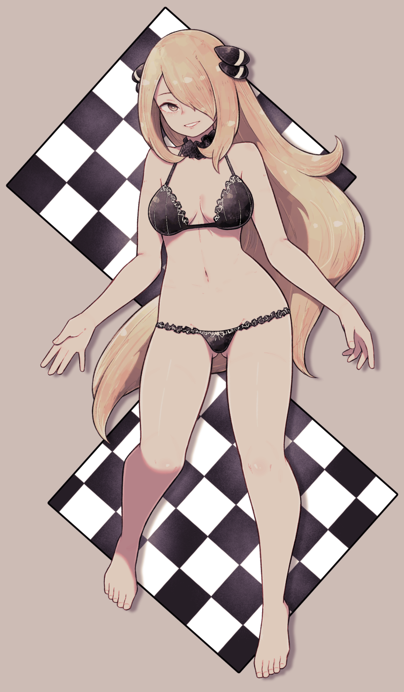 1girl blonde_hair breasts feet hair_ornament hair_over_one_eye highres lamb-oic029 long_hair looking_at_viewer navel open_mouth pokemon pokemon_(game) pokemon_dppt shirona_(pokemon) smile solo swimsuit