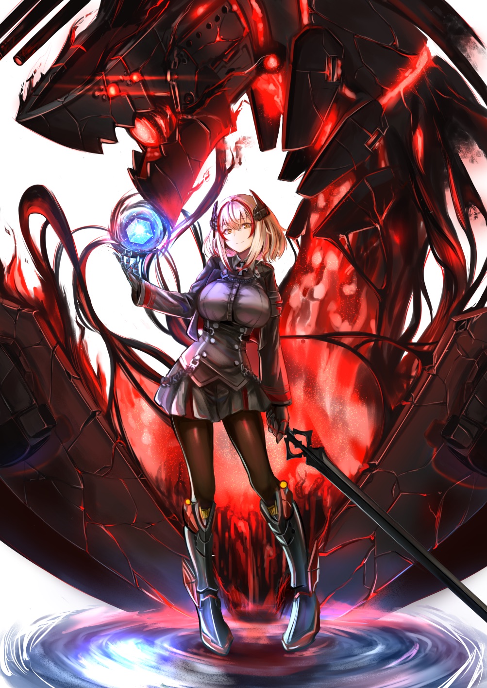 1girl azur_lane black_skirt blonde_hair boots breasts brown_eyes cannon chushou_wang collared_jacket cube full_body glowing glowing_eyes hair_between_eyes headgear highres holding holding_sword holding_weapon iron_cross large_breasts long_sleeves looking_at_viewer magic mechanical_hands medium_hair multicolored_hair pantyhose pleated_skirt red_hair roon_(azur_lane) simple_background skirt solo streaked_hair sword water weapon white_background yandere