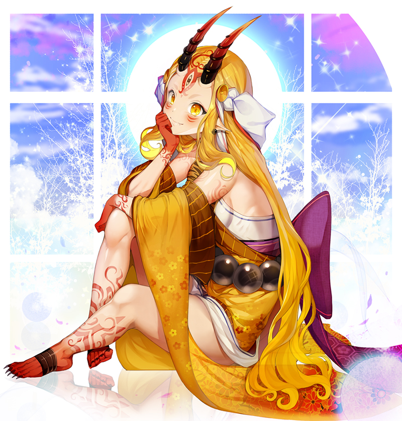 1girl bare_shoulders barefoot beads blue_sky blush breasts closed_mouth facial_mark fang fate/grand_order fate_(series) feet floral_print forehead forehead_mark hair_pulled_back hair_ribbon horns ibaraki_douji_(fate/grand_order) japanese_clothes kimono knee_up legs long_hair long_sleeves looking_at_viewer oni oni_horns pointy_ears puchipu ribbon sash sitting sky small_breasts smile solo sun tattoo very_long_hair white_ribbon wide_sleeves yellow_eyes yellow_kimono