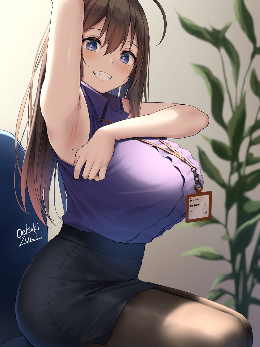 1girl ahoge arm_behind_head arm_up armpits bangs bare_arms bare_shoulders black_skirt blue_eyes blurry blush breasts brown_hair brown_legwear collared_shirt depth_of_field grin hair_between_eyes high-waist_skirt highres huge_breasts id_card lanyard long_hair looking_at_viewer mole mole_on_armpits oekakizuki office_lady original pantyhose pencil_skirt plant purple_shirt shirt shirt_tucked_in sitting skirt sleeveless sleeveless_shirt smile solo thighs