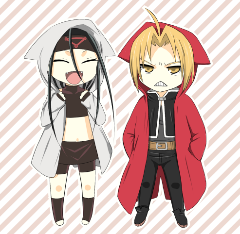 :d ahoge androgynous angry bad_id bad_pixiv_id chibi closed_eyes edward_elric envy_(fma) fullmetal_alchemist happy hood hoodie itou_(itsuko) lowres male_focus midriff multiple_boys open_mouth smile yellow_eyes