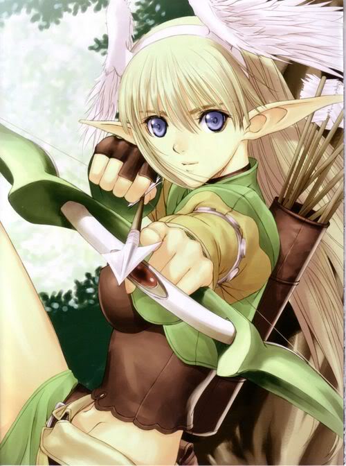 against_tree angel_wings archer archeress arrow binding_discoloration blonde blonde_hair blue_eyes bow_(weapon) breasts elf elwing female fingerless_gloves gloves head_wings headwings high_res highres in_tree long_hair midriff nature outdoors pointed_ears pointy_ears quiver scan sega shining_(series) shining_tears shining_wind sitting sitting_in_tree skirt smile solo taka_tony tanaka_takayuki tony_taka tree weapon wings