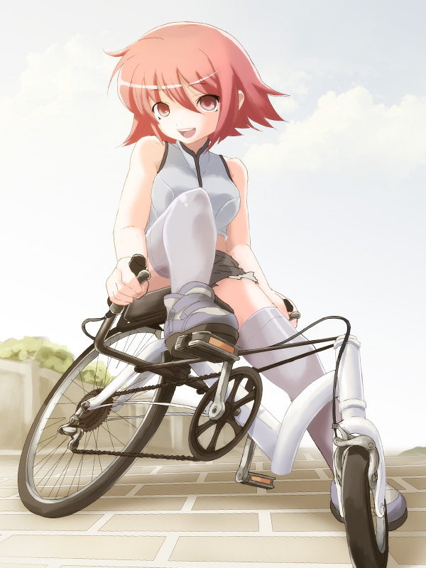 bicycle blz ground_vehicle original recumbent_bicycle red_eyes red_hair short_hair solo thighhighs