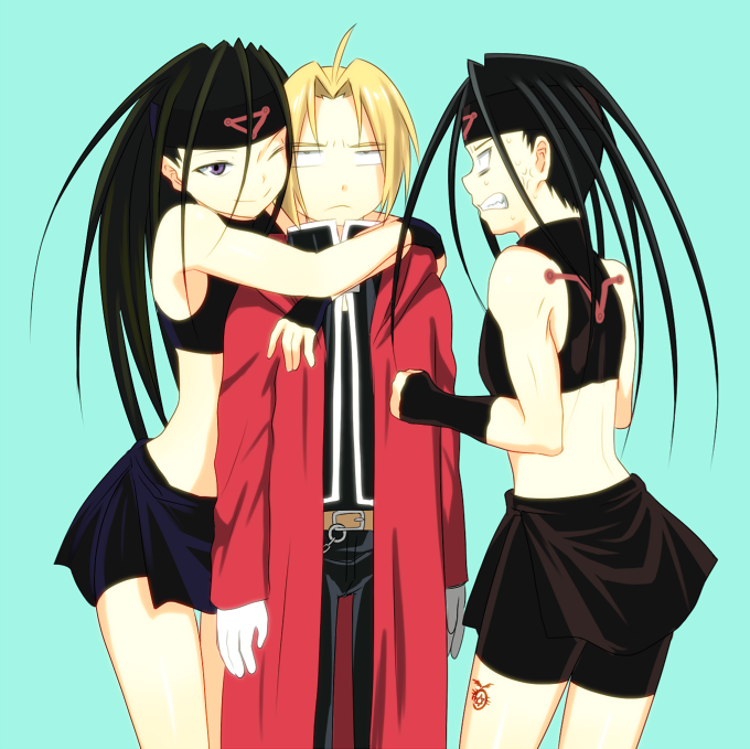 androgynous angry annoyed bad_id bad_pixiv_id black_hair blonde_hair closed_eyes dual_persona edward_elric envy_(fma) fullmetal_alchemist gloves hug itou_(itsuko) long_hair multiple_boys simple_background smile time_paradox