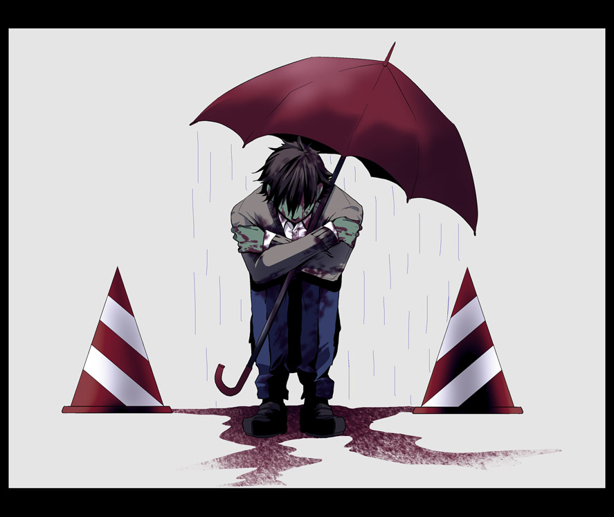 blood green_skin jinnai_yuuichi male_focus rain shitaisan solo traffic_cone umbrella yume_nikki