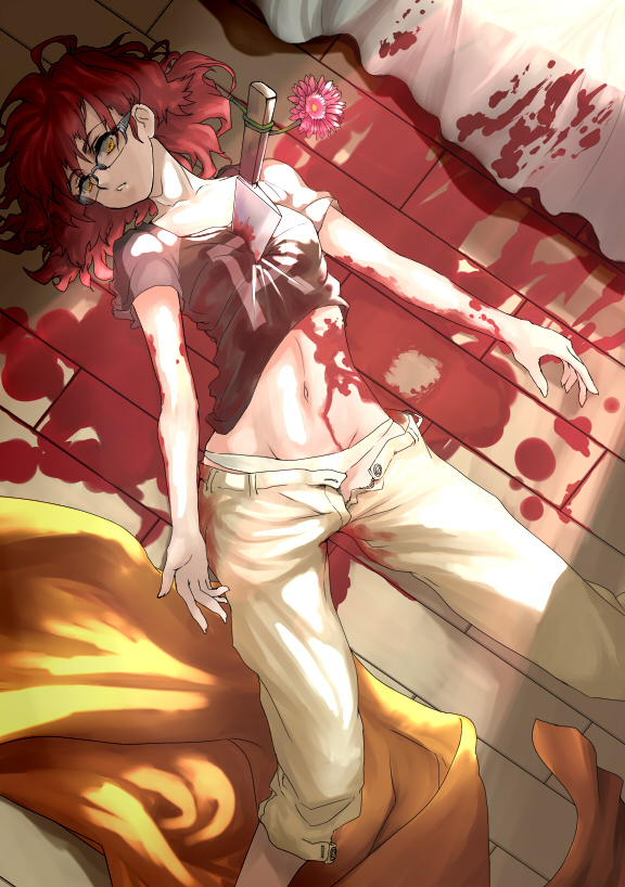 blood death flower glasses guro knife lying midriff murder on_back original realmbw red_hair solo stabbed unbuttoned violence